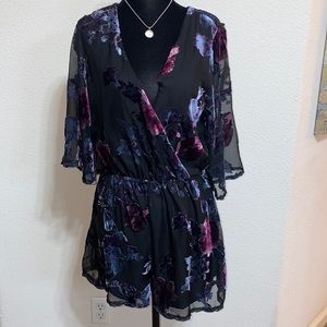 As U Wish- Black Mesh Floral Velvet Mid Thigh Romper Dress Size M